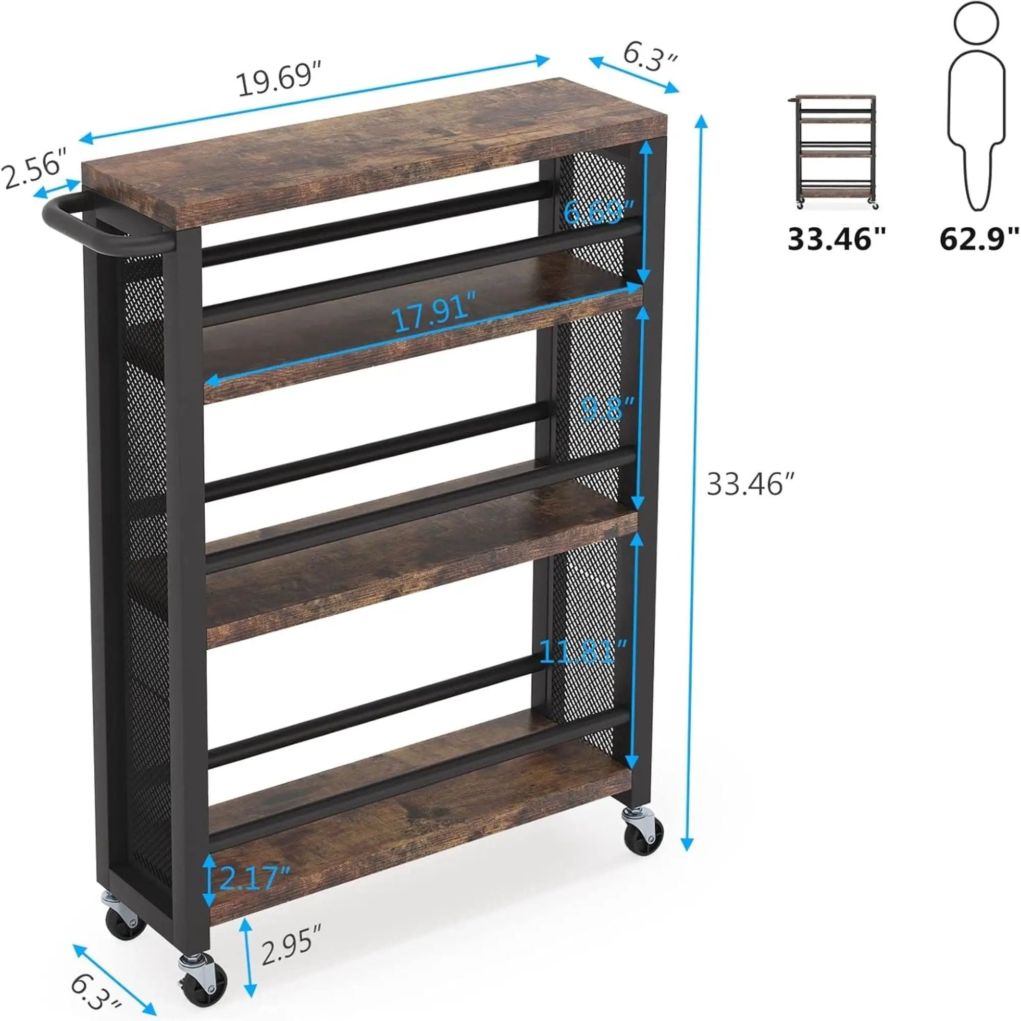 Slim 4 Tier Rolling Utility Cart With Wheels, Narrow Kitchen Storage Trolley - Brown / Black by HouseOfZazla