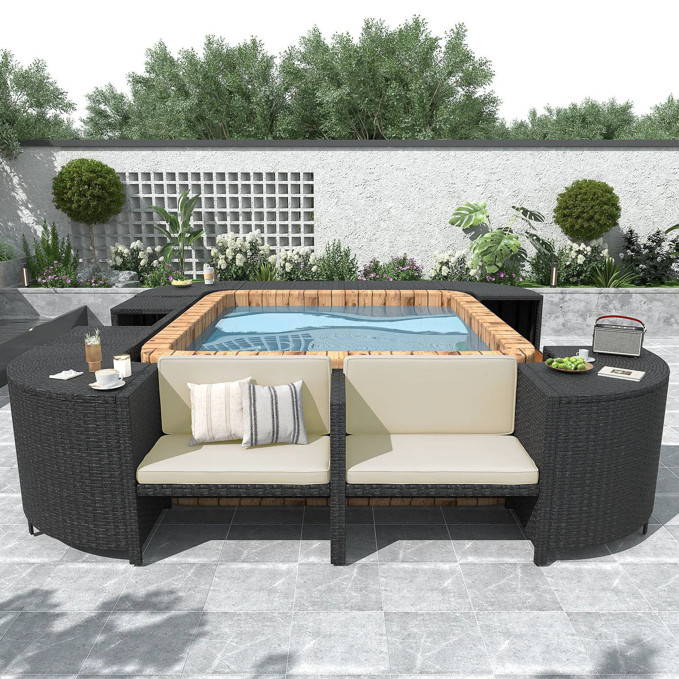 Spa Surround Spa Frame Quadrilateral Outdoor Rattan Sectional Sofa Set With Mini Sofa, Wooden Seats And Storage Spaces by Unique Piece Furniture