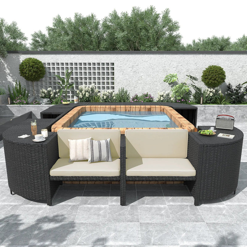 Spa Surround Spa Frame Quadrilateral Outdoor Rattan Sectional Sofa Set With Mini Sofa, Wooden Seats And Storage Spaces by HouseOfZazla