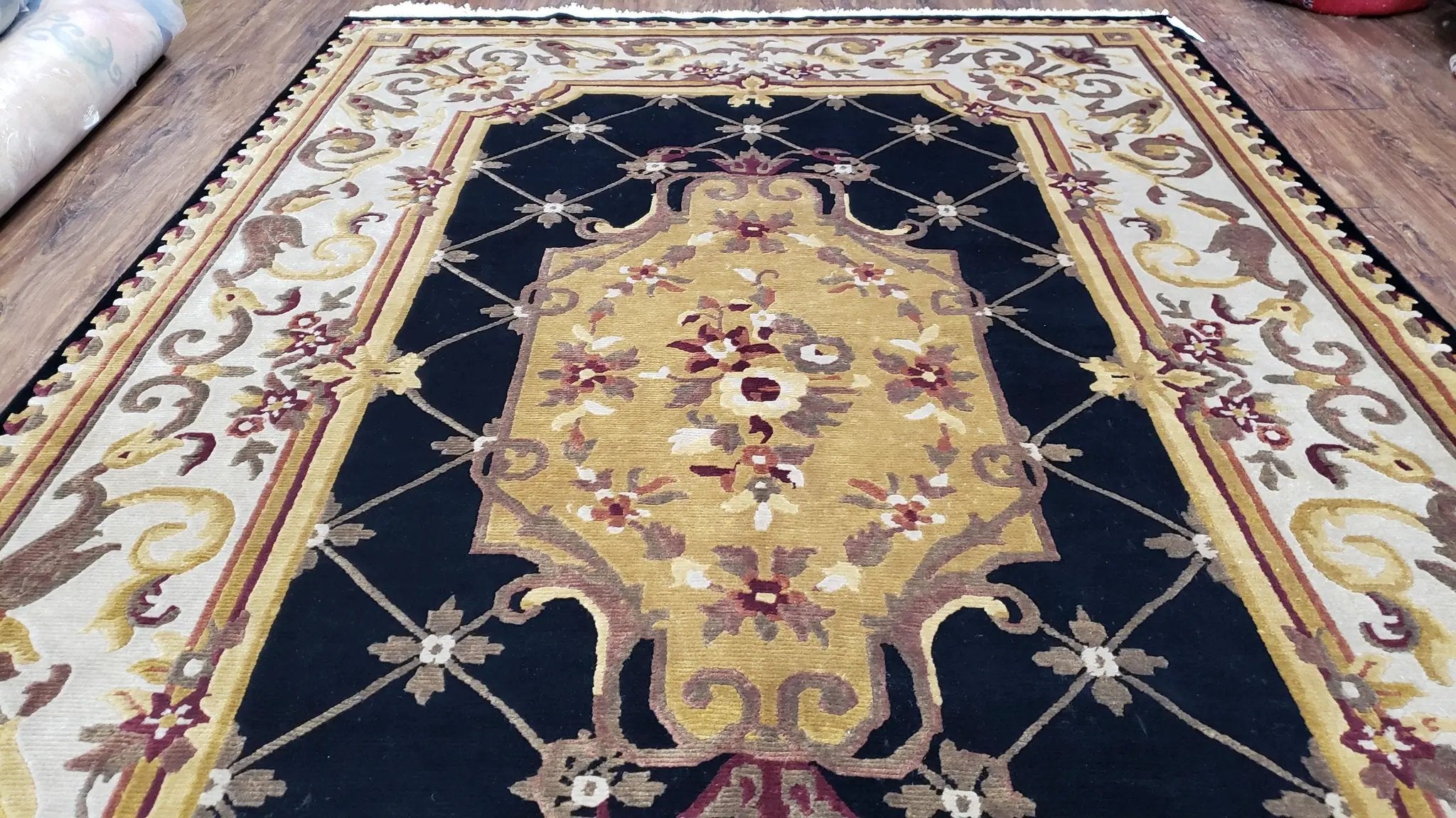 6x9 Nepalese Rug, Aubusson Savonnerie Area Rug 6 x 9 with Soft Pile, Hand-Knotted Wool Black & Beige Tibetan New Carpet European Design by Jewel Rugs