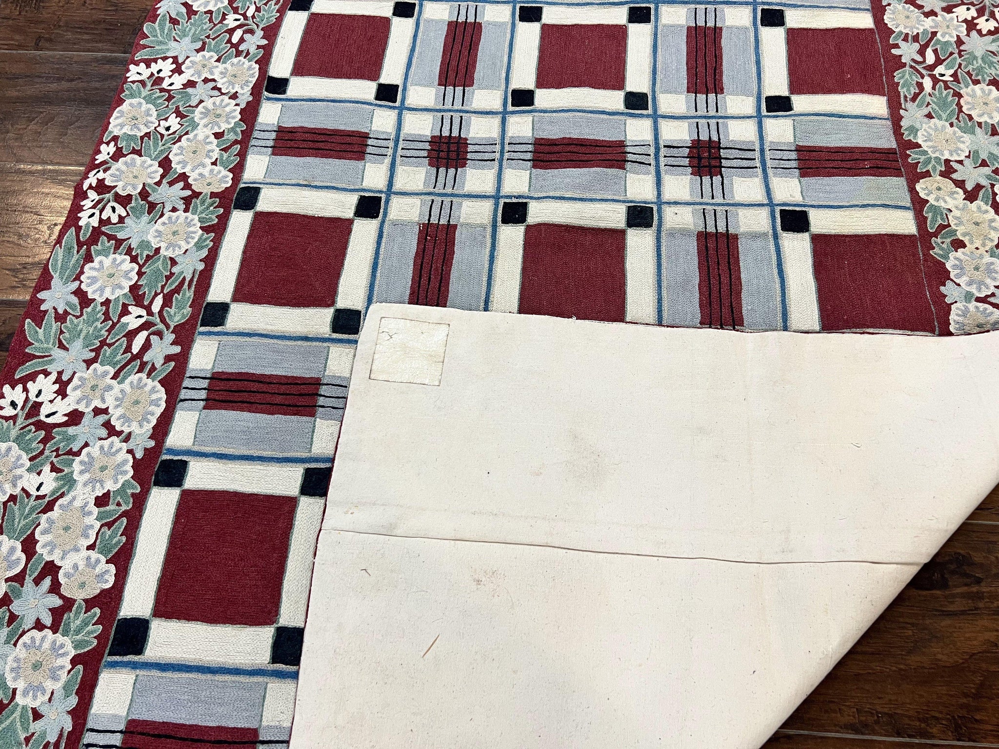 Indian Hand Stitched Rug 4x6, Vintage Carpet, Checkerboard Floral Pattern, Maroon Ivory, Flatweave, Wool by Jewel Rugs