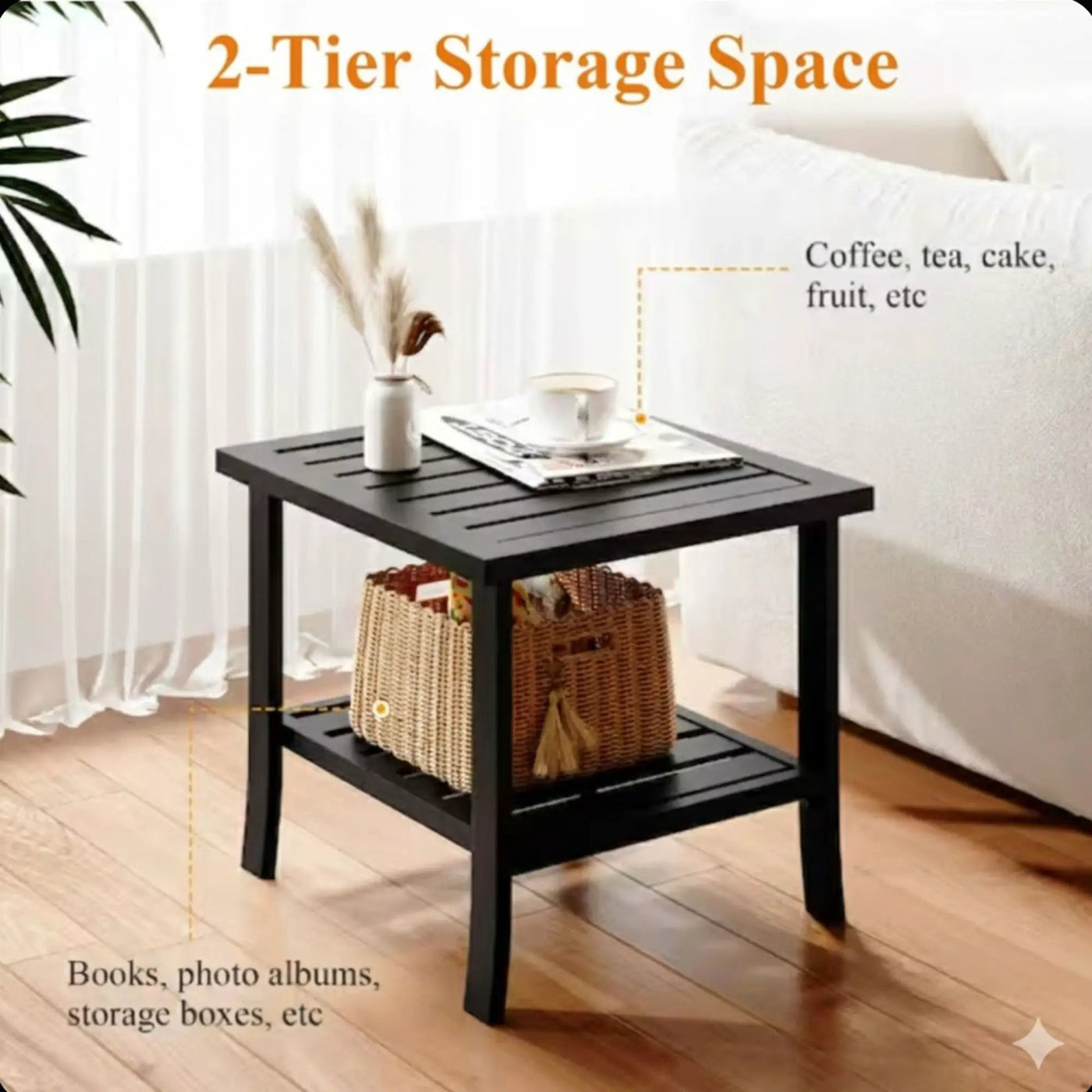 Square 2 Tier All-Weather Outdoor Side Table With Slatted Top by HouseOfZazla