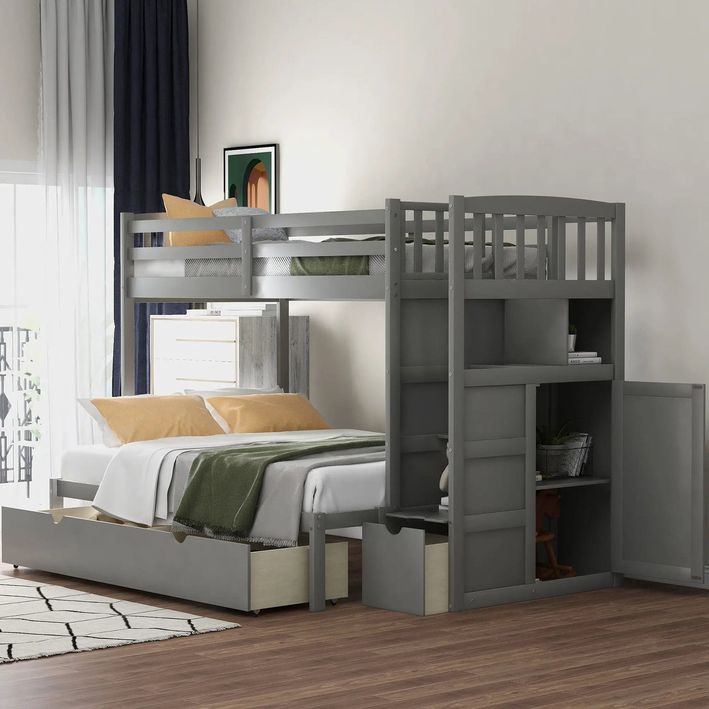 Bunk Bed, Convertible Bottom Bed, Storage Shelves And Drawers by HouseOfZazla