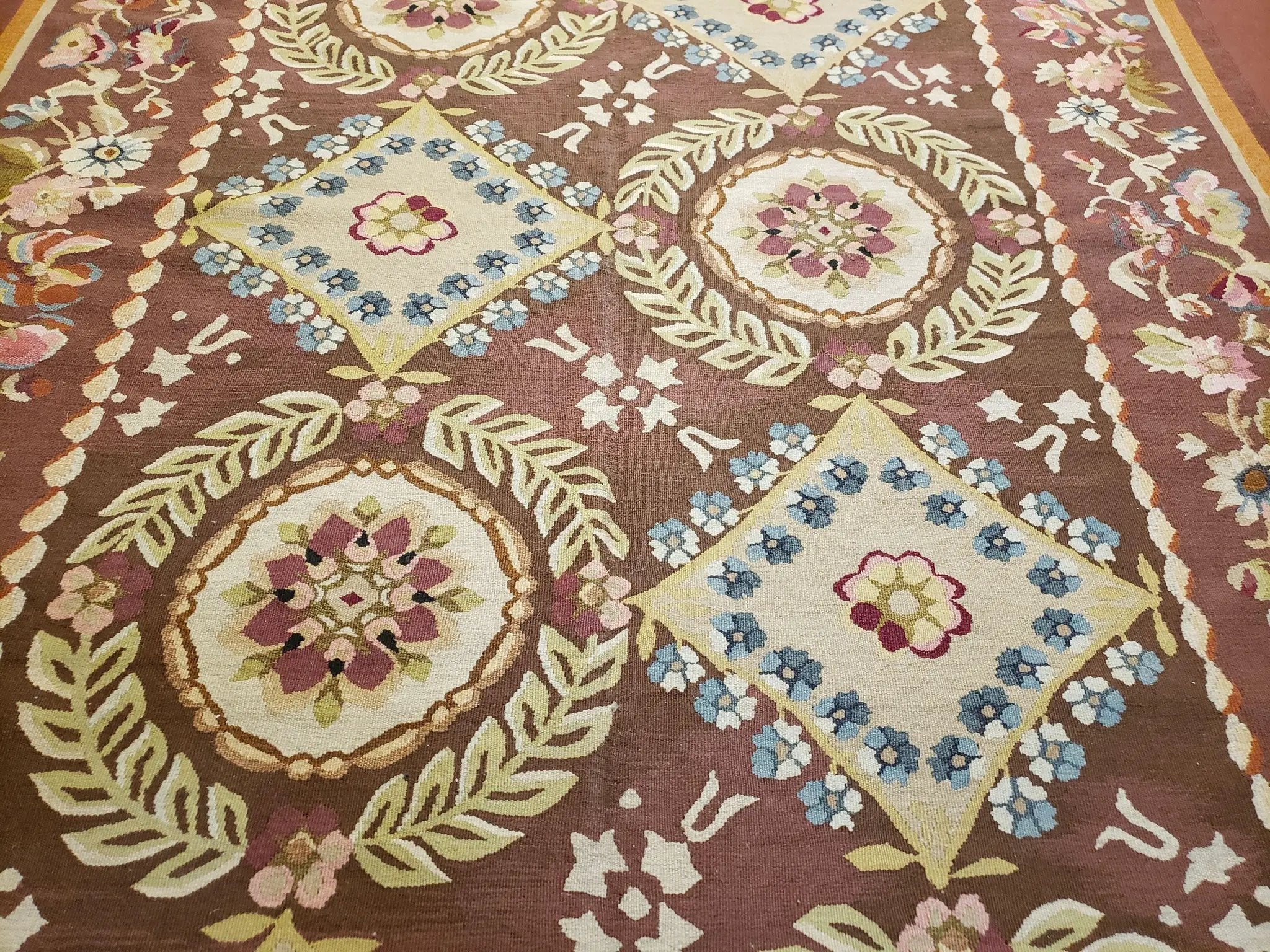Aubusson Rug 6 x 9 Flat Weave Area Carpet European Design Flowers New Brown Rug Handmade Wool Hand-Knotted Aubusson Weave Medium Rug 6x9 by Jewel Rugs
