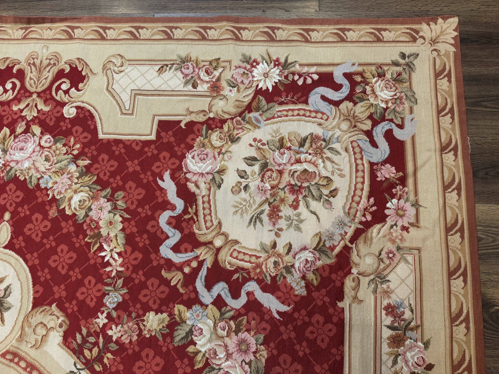 Aubusson Rug 8x11, Needlepoint Carpet, Red Ivory Beige, Vintage, French European Design by Jewel Rugs