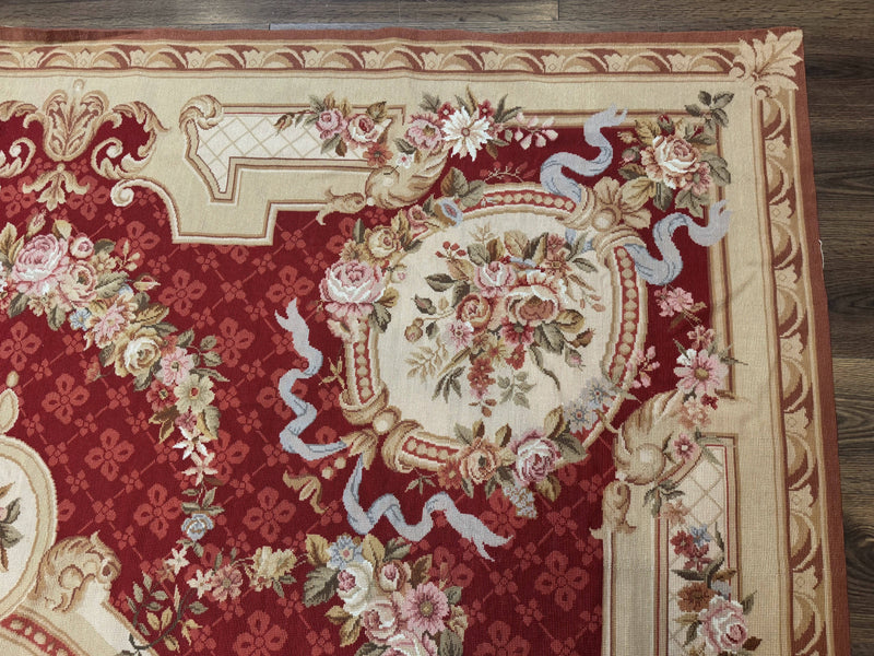 Aubusson Rug 8x11, Needlepoint Carpet, Red Ivory Beige, Vintage, French European Design by Jewel Rugs