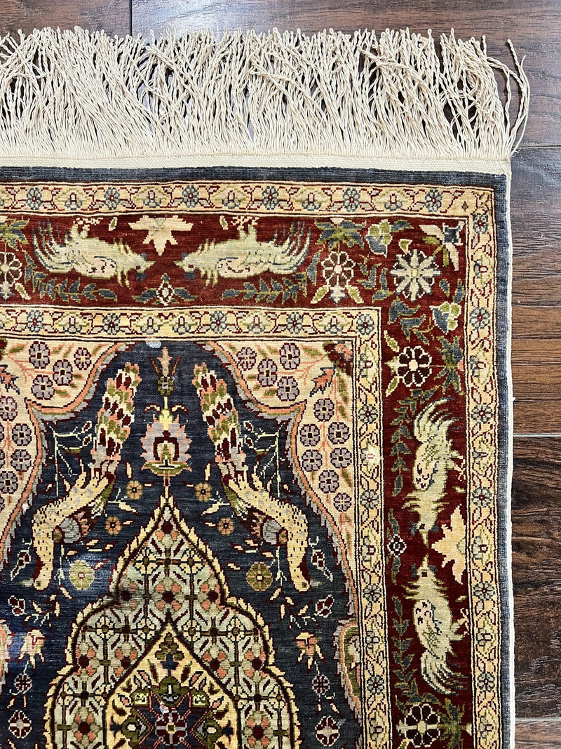 Silk Turkish Hereke Rug 2x3, Peacocks Birds, Signature from Master Weaver, Super Finely Hand Knotted 550 KPSI, Animal Pictorials by Jewel Rugs