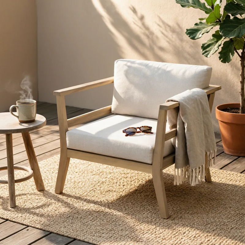 Acacia Wood Outdoor Club Chair with Arms - Removable Cushions