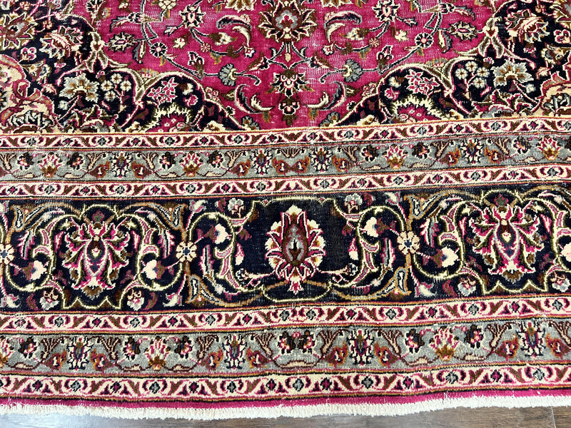 Persian Rug 10x13, Wool Hand Knotted Antique Kashmar Carpet, Raspberry Red & Navy Blue, Floral Medallion, Traditional Oriental Rug 10 x 13 by Jewel Rugs