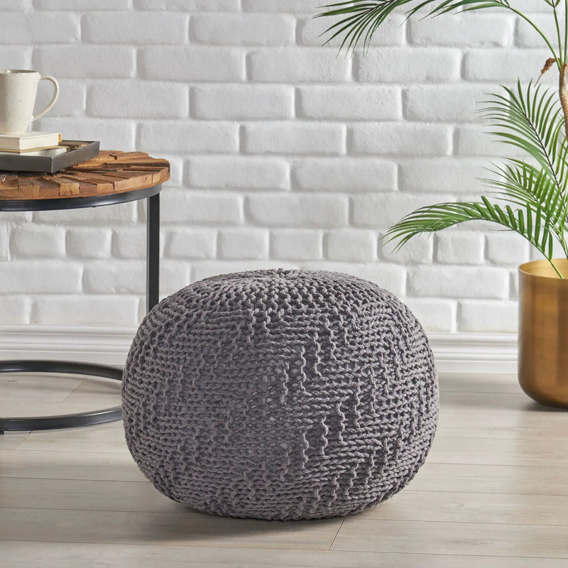 Hazel Modern Knitted Cotton Yarn Round Pouf - Dark Gray by HouseOfZazla