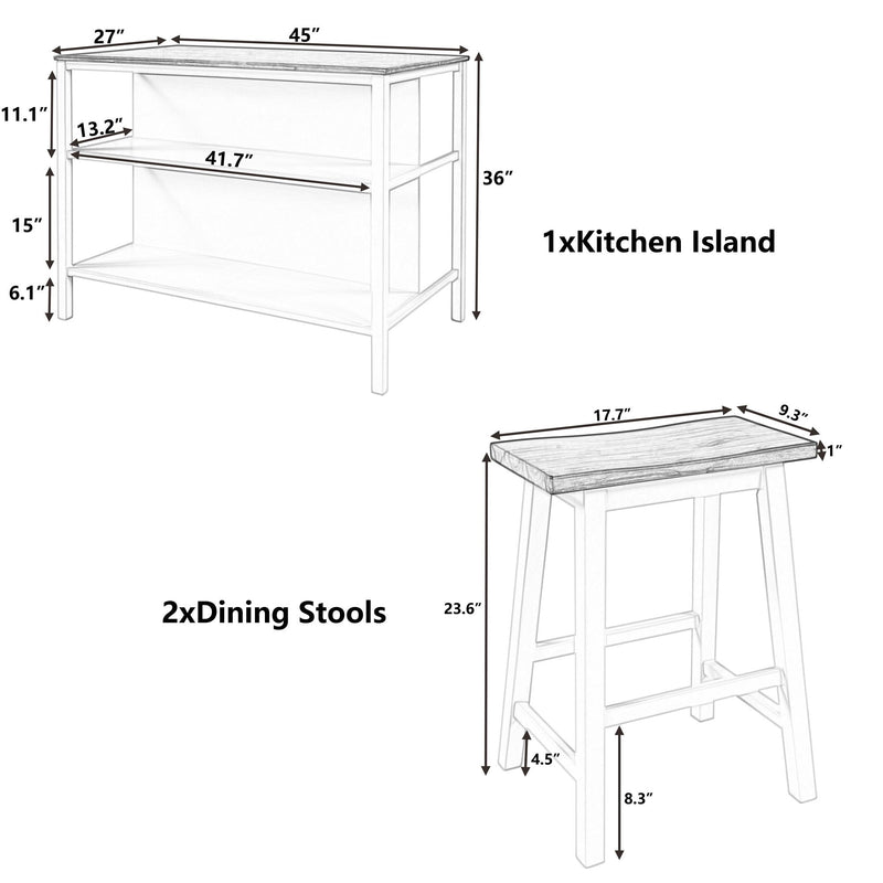 Rustic 3 Piece Stationary Kitchen Island Set with 2 Open Shelves - Light Brown, photo 18 of 24