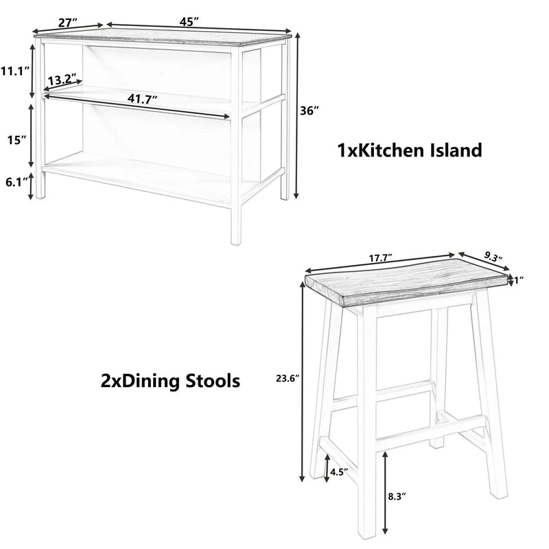 Rustic 3 Piece Stationary Kitchen Island Set With 2 Seatings, With 2 Open Shelves by HouseOfZazla
