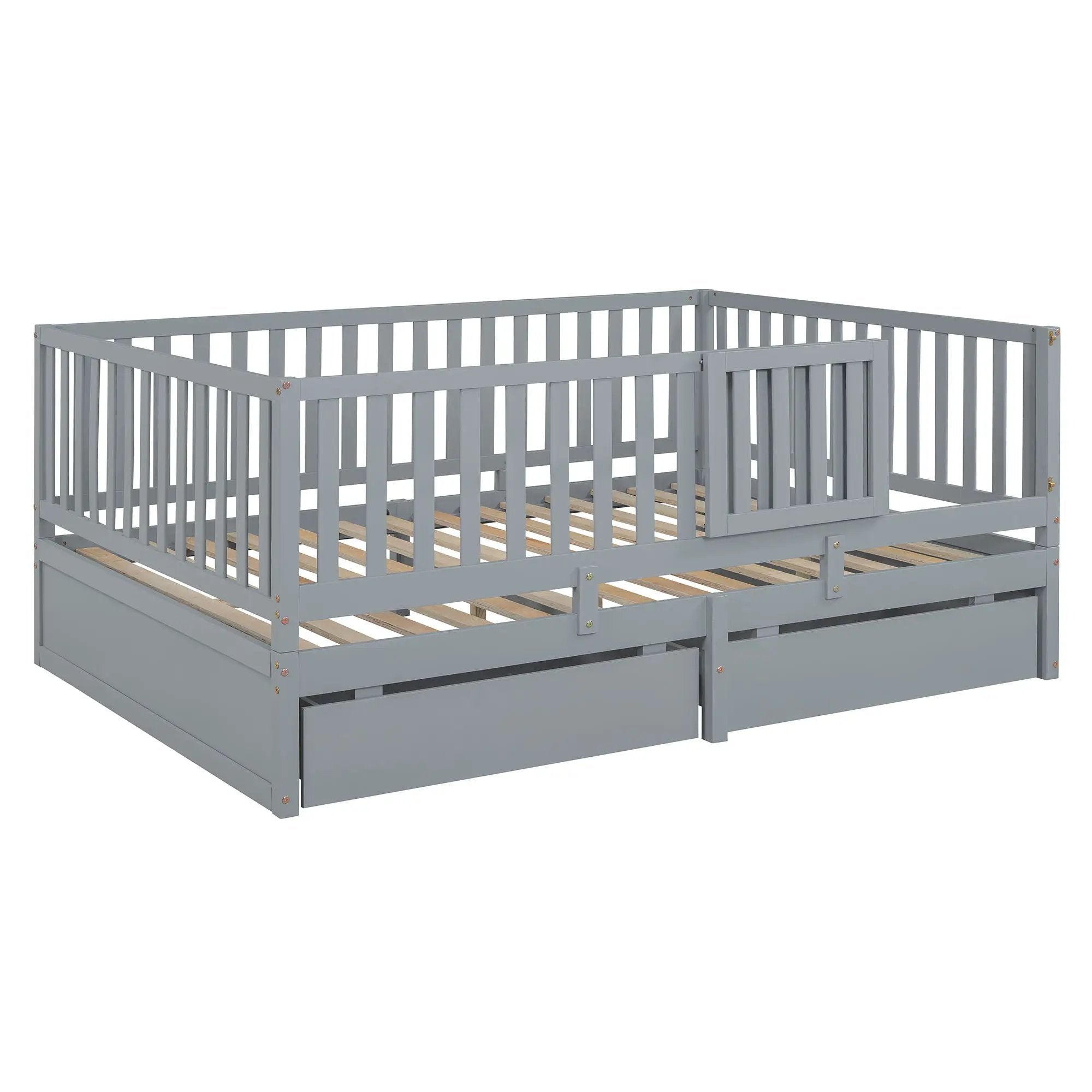 Daybed With Fence Guardrails And 2 Drawers, Split Into Independent Floor Bed & Daybed by HouseOfZazla