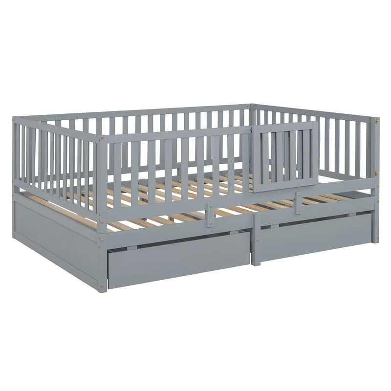 Daybed With Fence Guardrails And 2 Drawers, Split Into Independent Floor Bed & Daybed by HouseOfZazla
