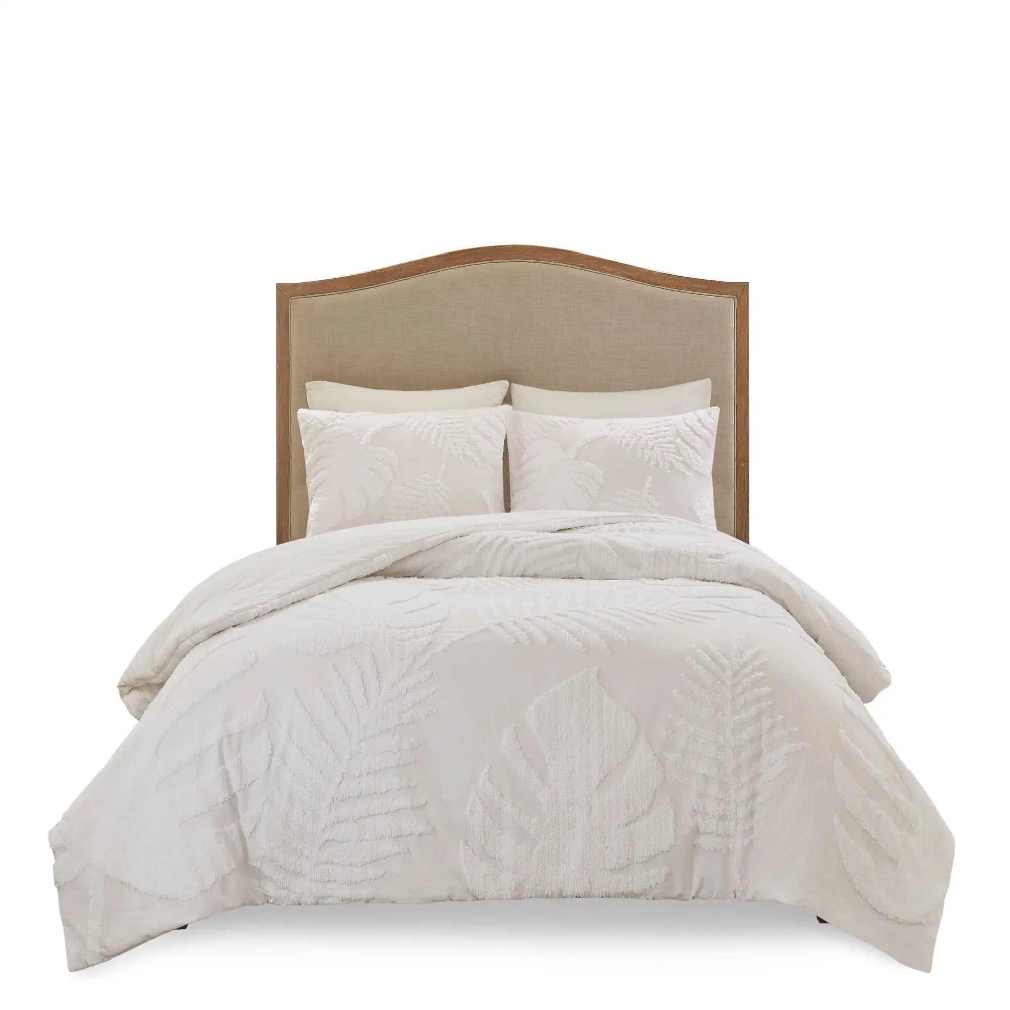 3 Piece Tufted Cotton Chenille Palm Comforter Set Off-White Full/Queen by HouseOfZazla