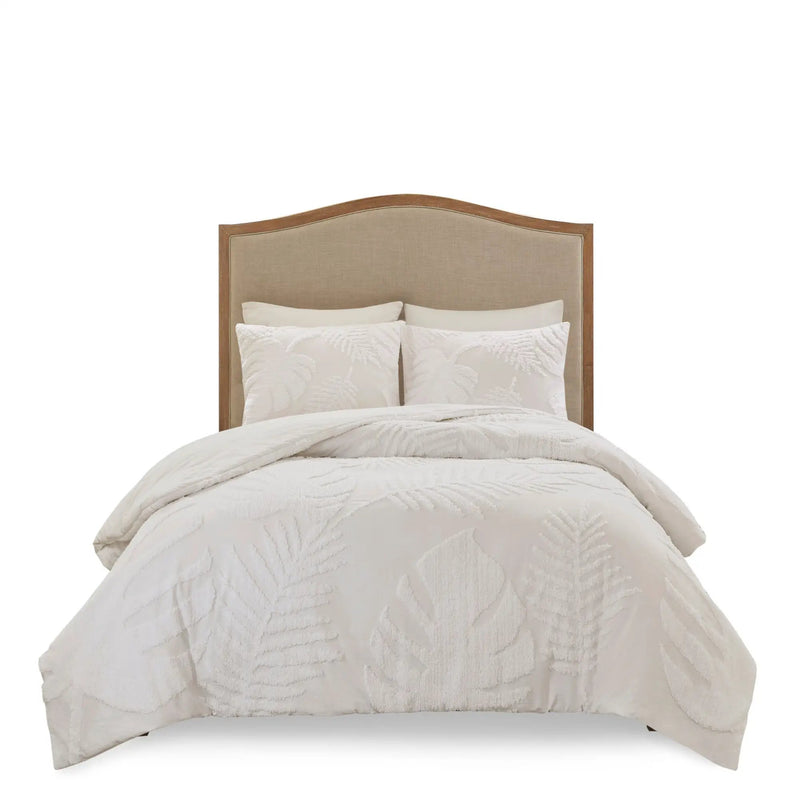 3 Piece Tufted Cotton Chenille Palm Comforter Set Off-White Full/Queen by HouseOfZazla
