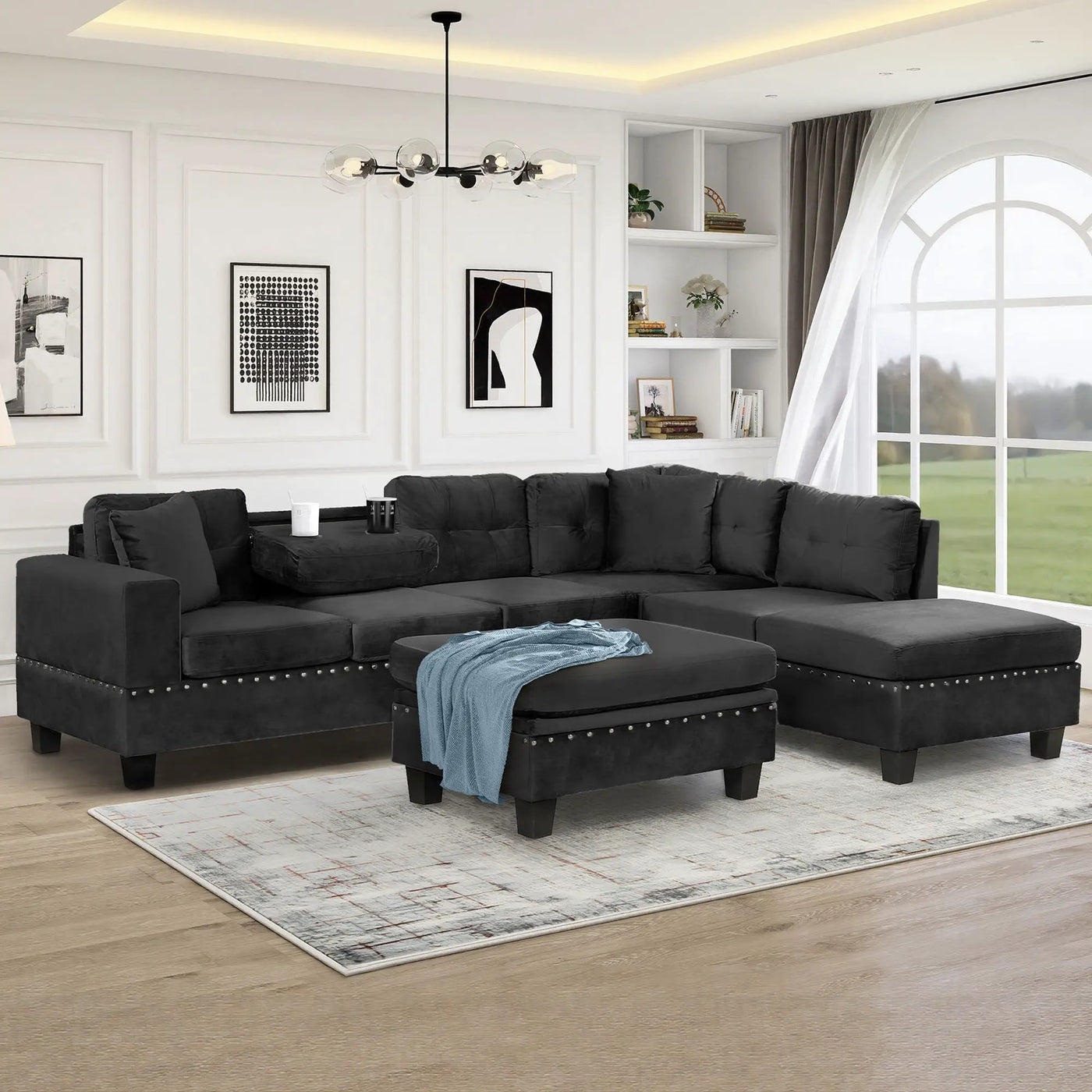 Modern Sectional Sofa With Storage Ottoman, L - Shape Couch With 2 Pillows And Cup Holders by HouseOfZazla