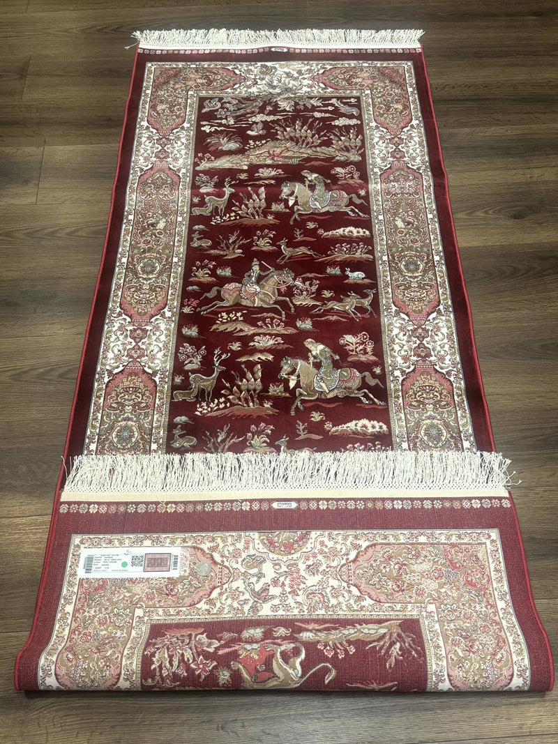 Turkish Silk Rug 2.6 x 6.7, Hunting Design, Short Runner Rug, Red & Ivory, Bamboo Silk, New by Jewel Rugs