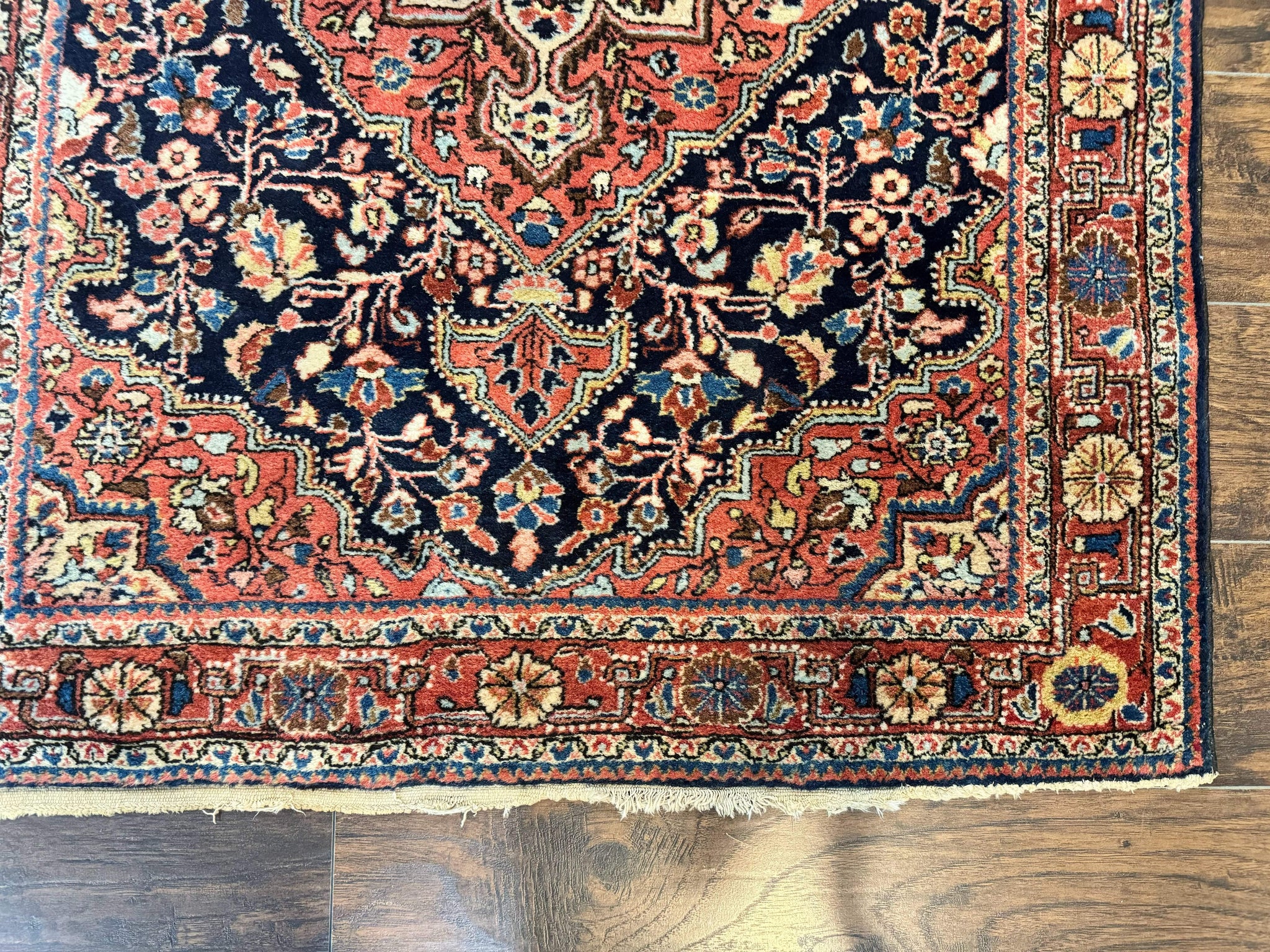 Persian Sarouk Rug 3.6 x 5, Medallion Rug, Red and Midnight Blue, Handmade Semi Antique Vintage Wool Carpet by Jewel Rugs