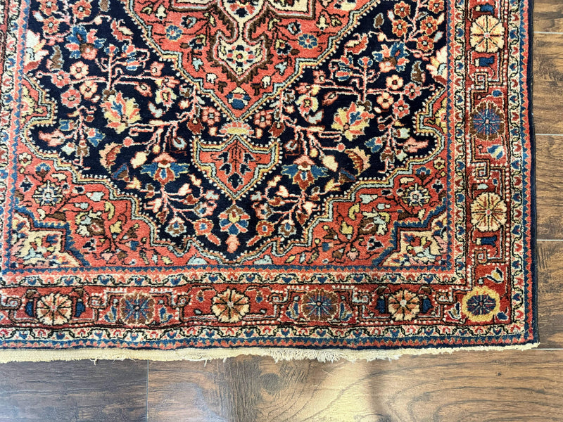 Persian Sarouk Rug 3.6 x 5, Medallion Rug, Red and Midnight Blue, Handmade Semi Antique Vintage Wool Carpet by Jewel Rugs