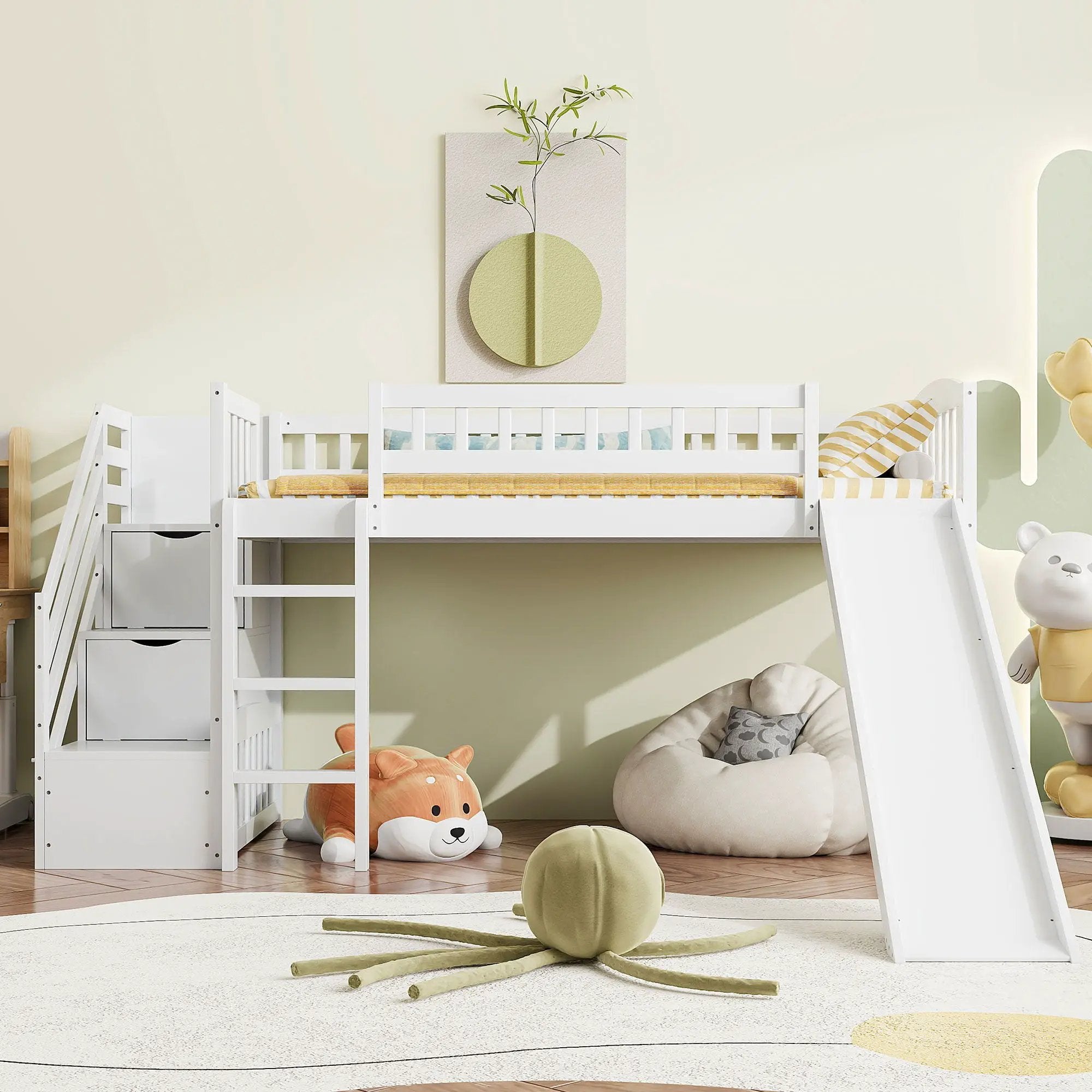 Loft Stairway Bed With 2 Drawers, Convertible Ladder And Slide by Unique Piece Furniture