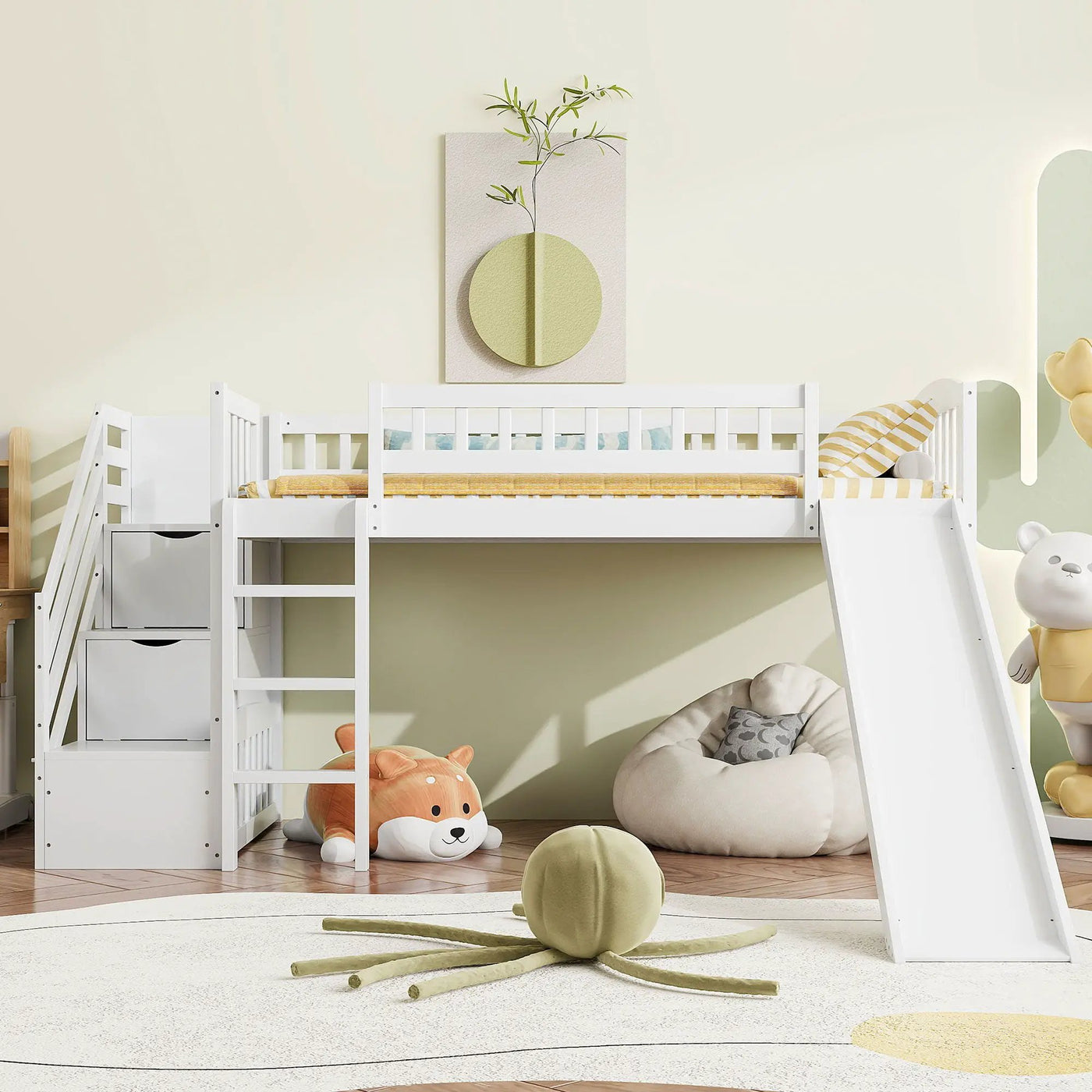 Loft Stairway Bed With 2 Drawers, Convertible Ladder And Slide by HouseOfZazla