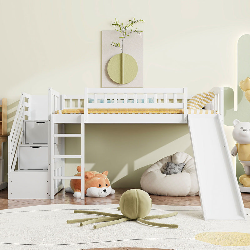 Loft Stairway Bed With 2 Drawers, Convertible Ladder And Slide by HouseOfZazla