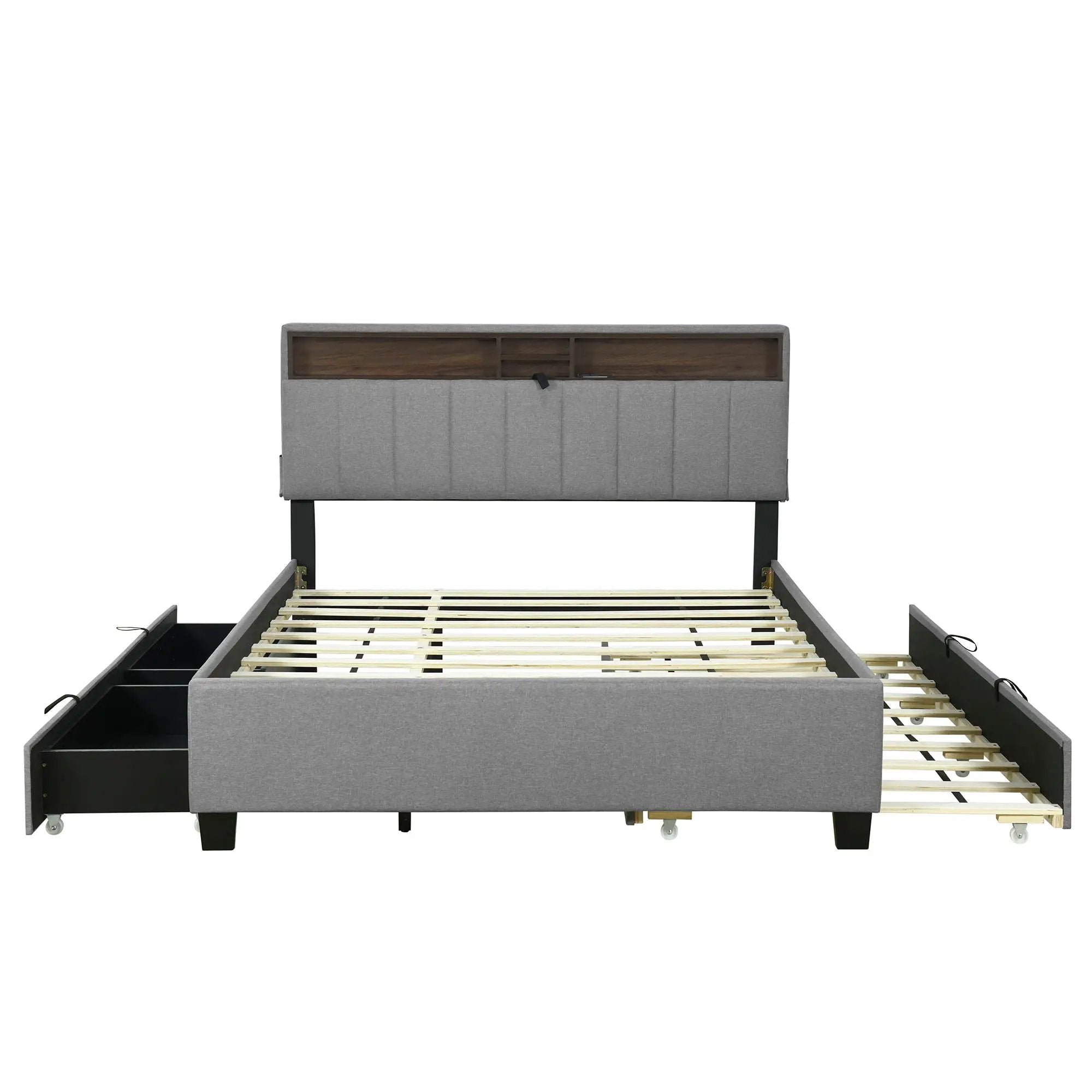 Upholstered Platform Bed With Storage Headboard, Trundle & 2 Drawers And A Set Of Sockets & USB Ports by Unique Piece Furniture