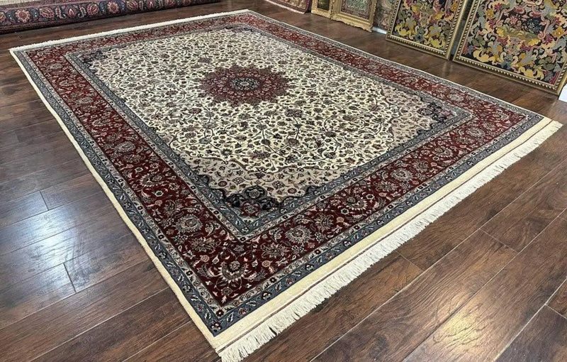 Sino Persian Rug 9x12, Vintage Wool Oriental Carpet, Floral Medallion, Wool Rug, Cream and Maroon by Jewel Rugs