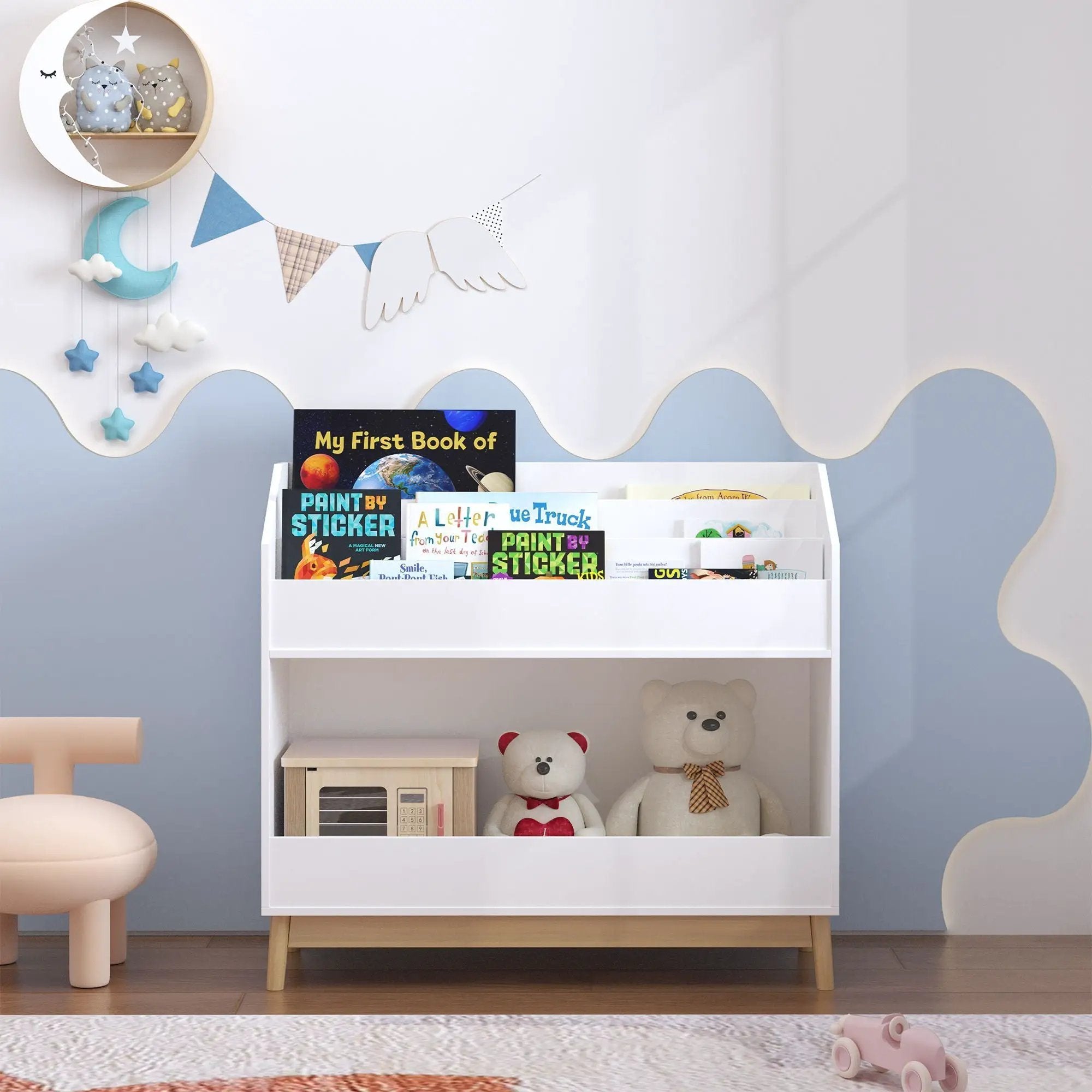 Bookcase Organizer With Storage, 3 Tier Toddler Book Display Shelf For Playroom - White by HouseOfZazla