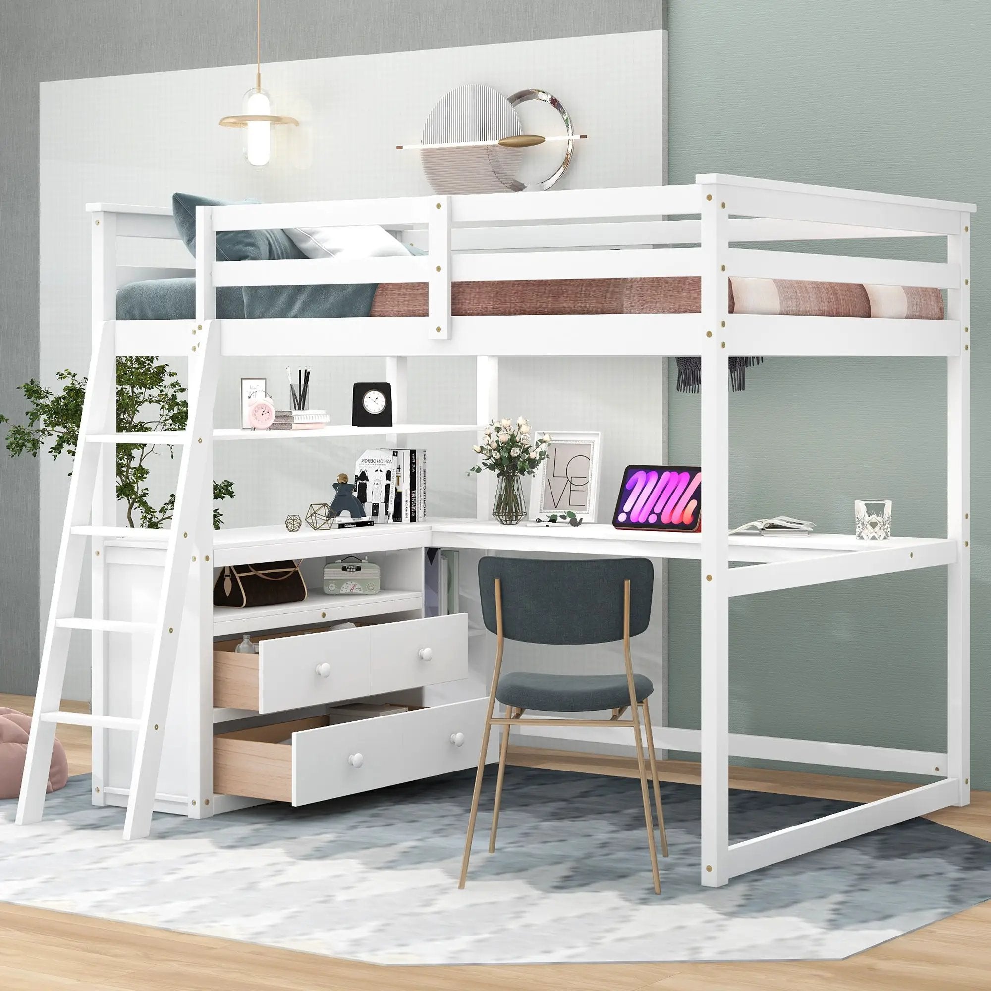 Modern Loft Bed With Built In Desk, Shelves, And 2 Drawers by HouseOfZazla