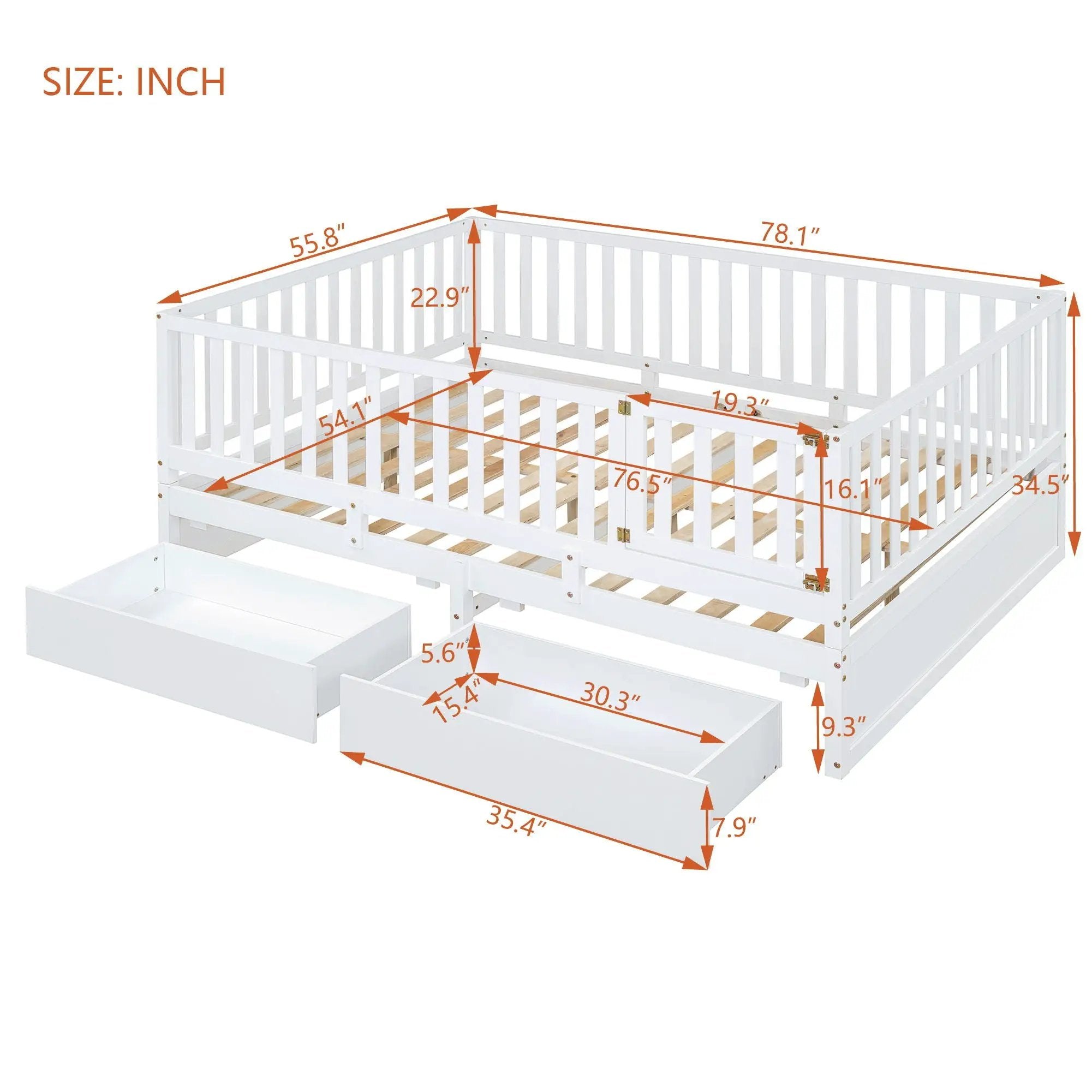 Daybed With Fence Guardrails And 2 Drawers, Split Into Independent Floor Bed & Daybed by HouseOfZazla