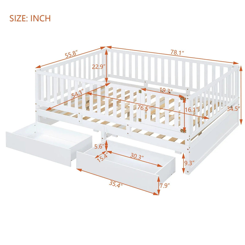Daybed With Fence Guardrails And 2 Drawers, Split Into Independent Floor Bed & Daybed by HouseOfZazla