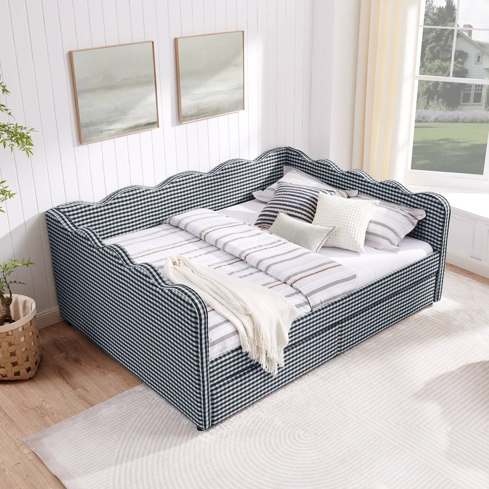 Queen Size Cozy Gingham Daybed with Two Storage Drawers and USB Port by HouseOfZazla