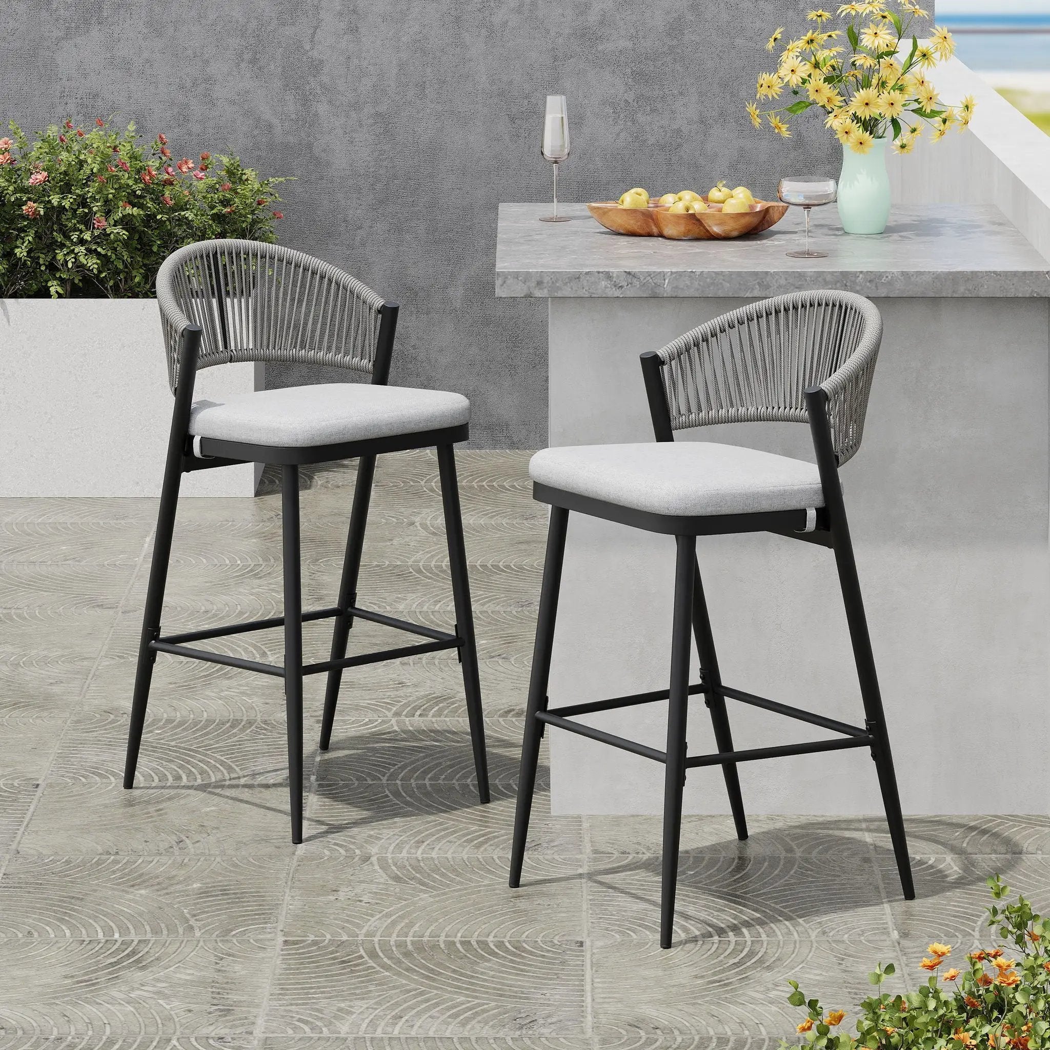 Outdoor Bar Height Metal Frame Counter Stools with Scallop-Shaped Backrest & Water-Resistant Cushions by HouseOfZazla