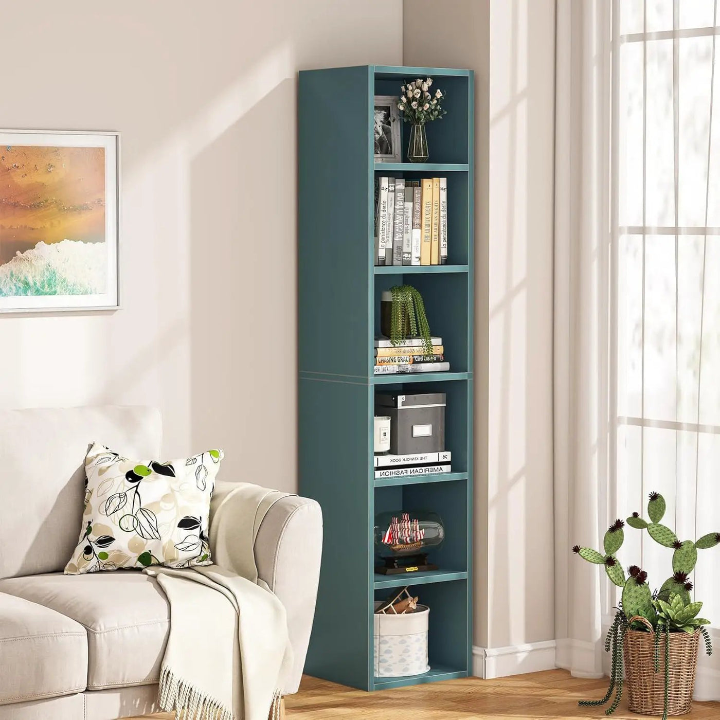 6 Tier Narrow Corner Cube Bookcase Storage, Freestanding Shelf With Open Cubes For Living Room by HouseOfZazla