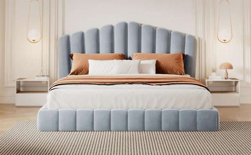 Velvet Upholstered Queen Bed with Shell-Shaped Headboard by HouseOfZazla