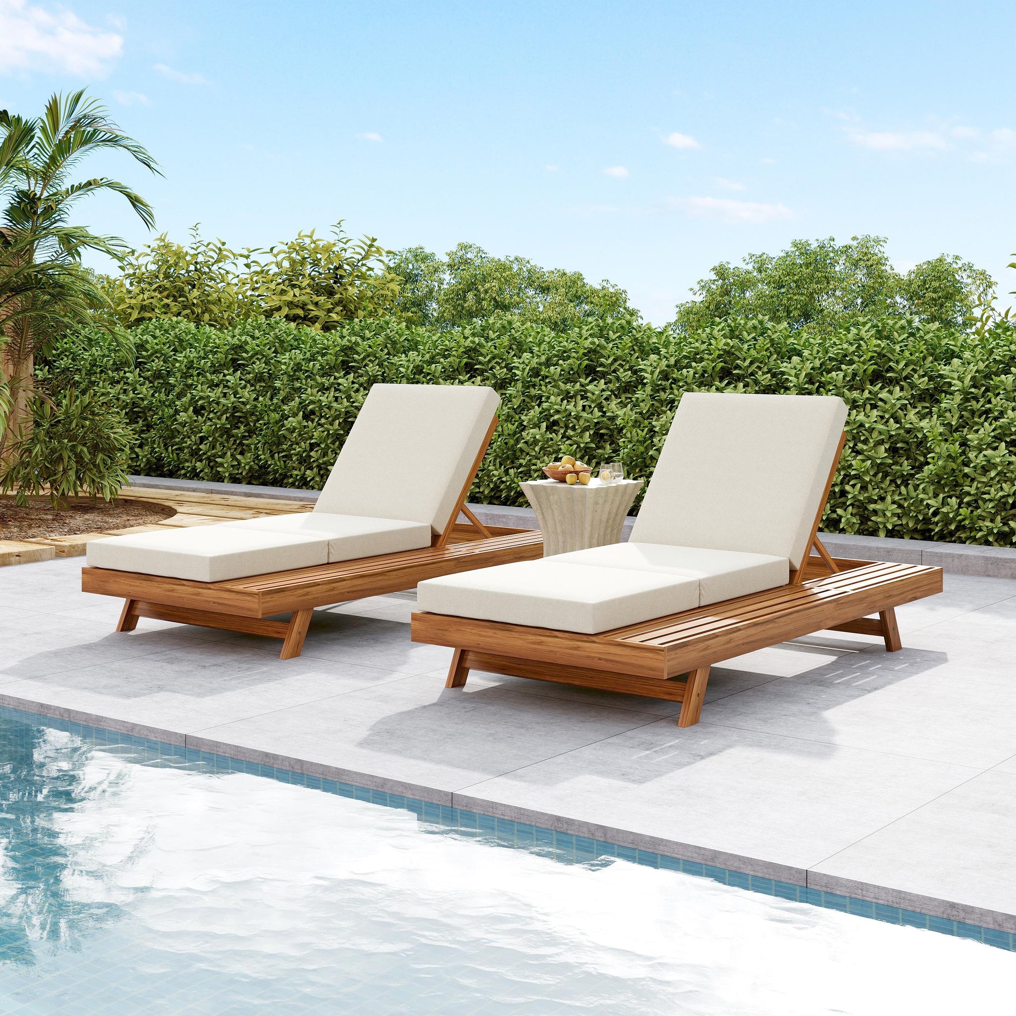 Lounge Chaise Set with Acacia Solid Wood and Cream Cushion by HouseOfZazla