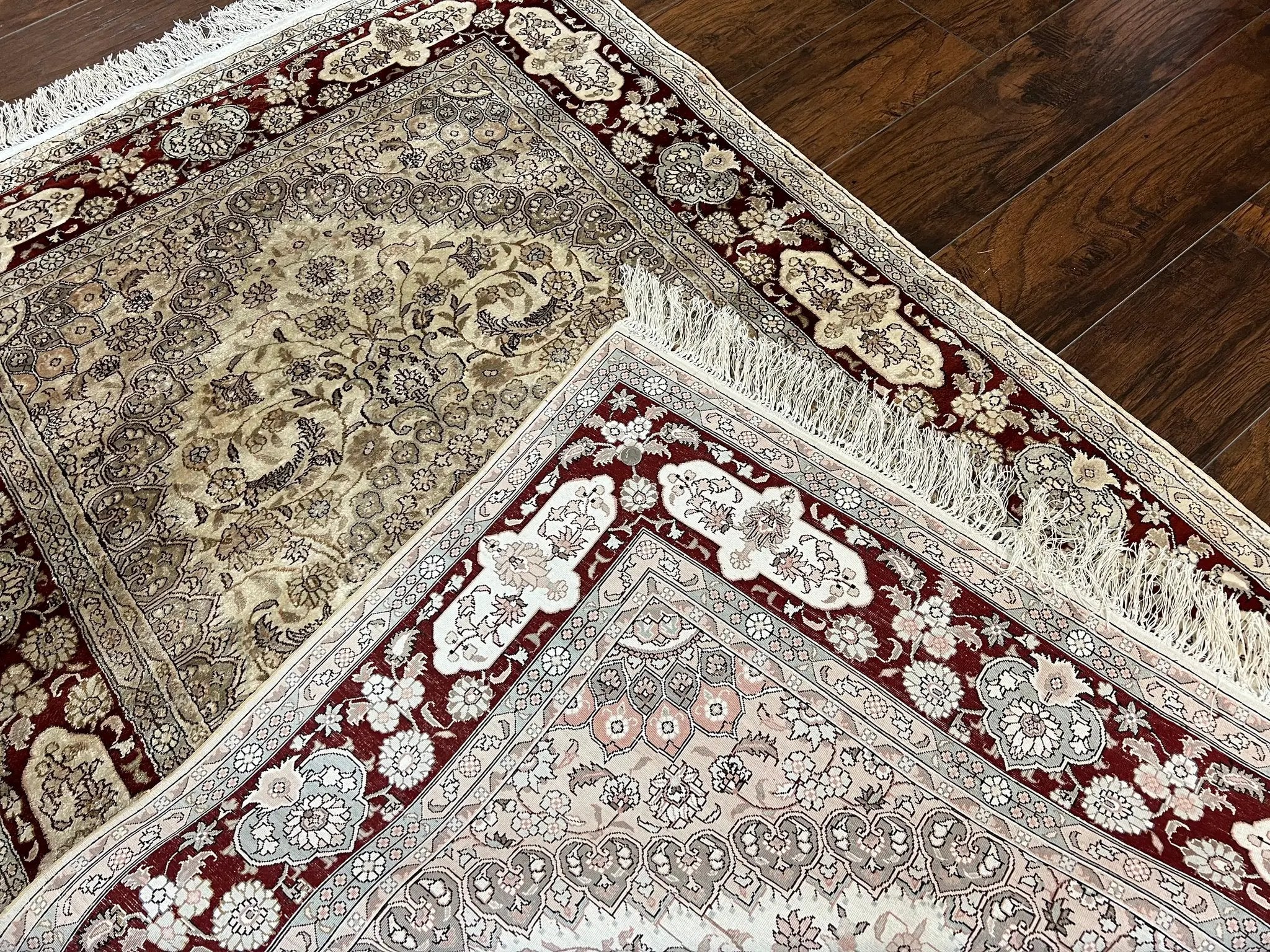Silk Indian Kashmiri Rug 4x6 ft, Floral Medallion Hand Knotted Handmade Oriental Carpet, Vintage, Cream Burgundy, Very Fine Silk Rug 4 x 6 by Jewel Rugs