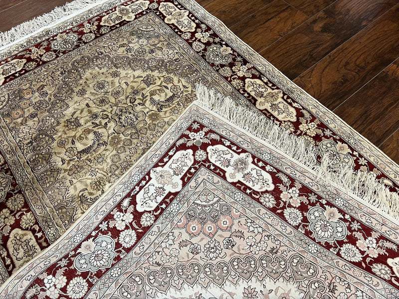 Silk Indian Kashmiri Rug 4x6 ft, Floral Medallion Hand Knotted Handmade Oriental Carpet, Vintage, Cream Burgundy, Very Fine Silk Rug 4 x 6 by Jewel Rugs