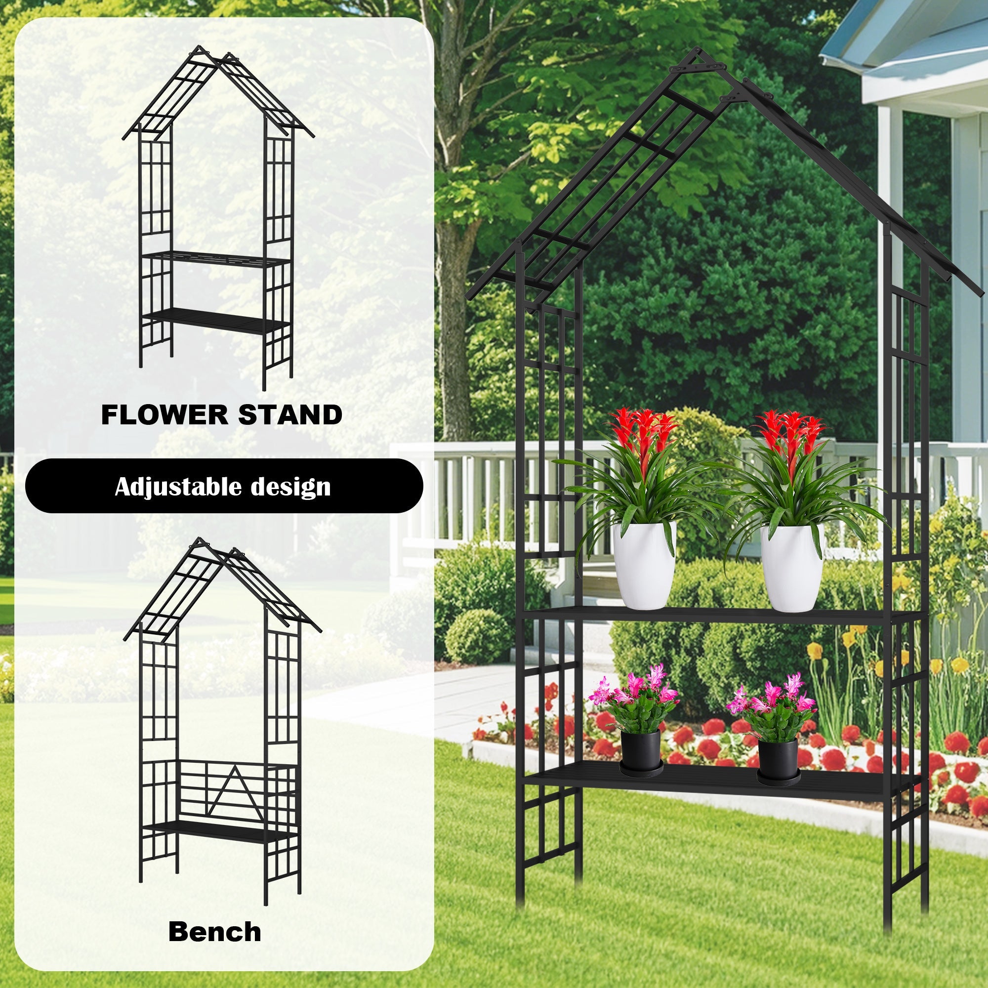 Metal Garden Arch with Bench Turned into Flower Stand by HouseOfZazla