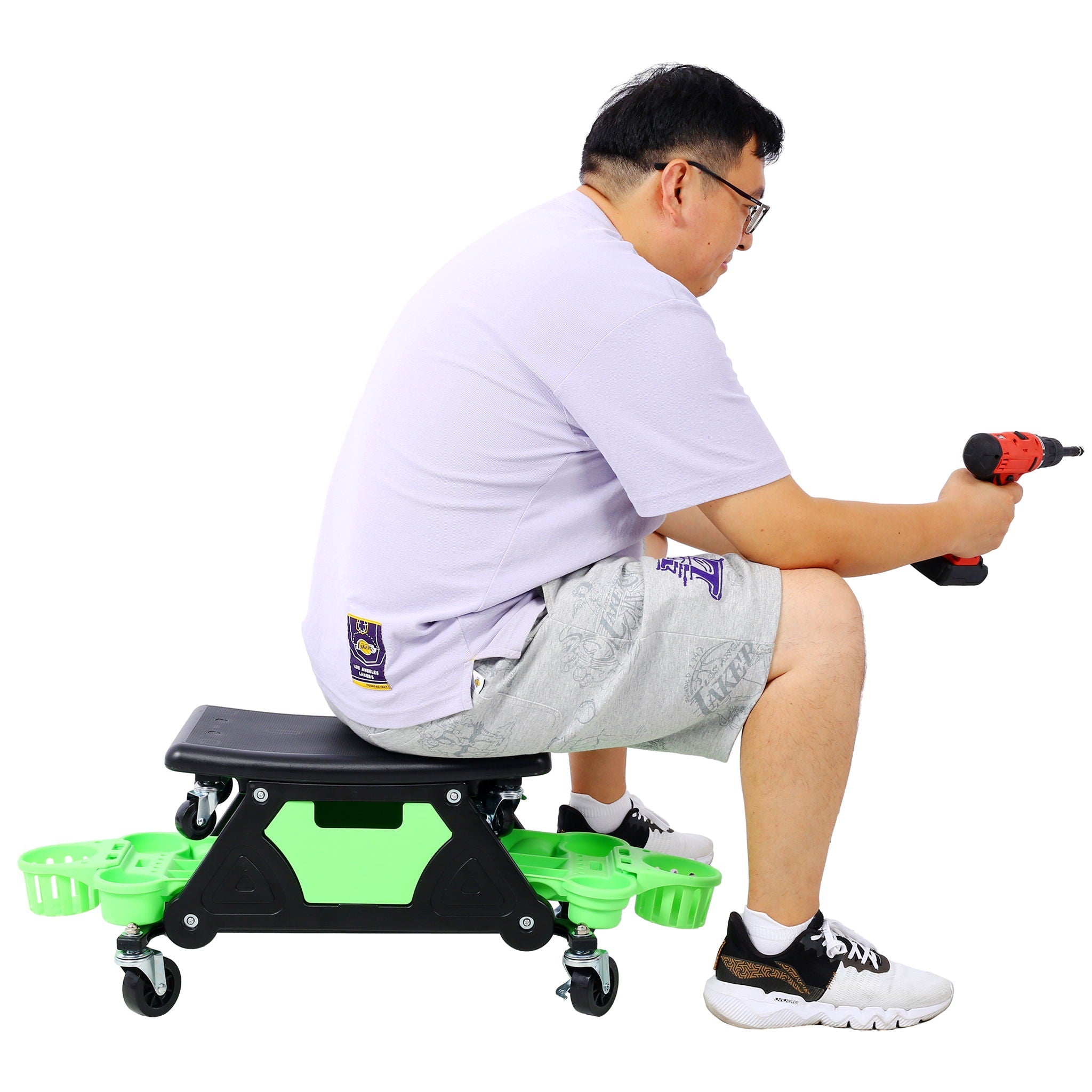 Rolling Detailing Creeper Seat With Wheels, Removable Tool Trays, 300 Lbs Capacity - Green by HouseOfZazla
