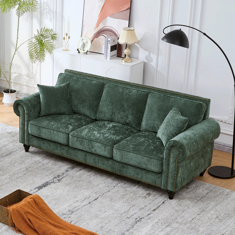3 Seater Sofa With Tufted Upholstery, Rolled Arms, Nailhead Trim by HouseOfZazla