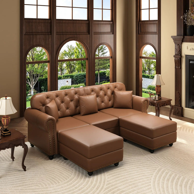 Upholstered Sofa With Nailhead Trim, Rolled Armrests With Ottoman by HouseOfZazla