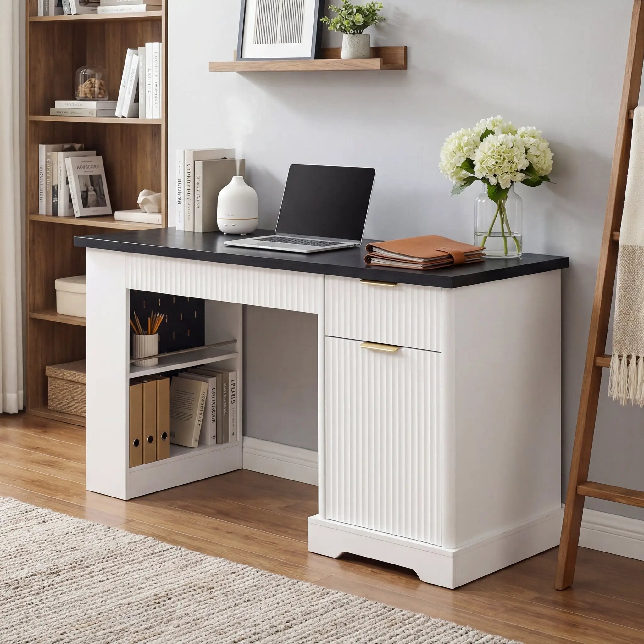 55" Modern Fluted Office Desk with Storage Cabinet & Drawers by HouseOfZazla