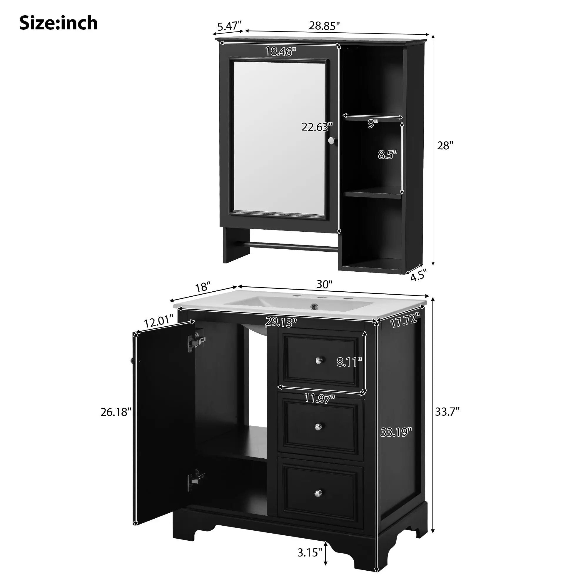 Bathroom Vanity With Sink, Modern Elegant Bathroom Storage Cabinet With 3 Drawers And Adjustable Shelves, Freestanding Vanity Set With Mirror Cabinet, Single Sink Bathroom Vanity by HouseOfZazla
