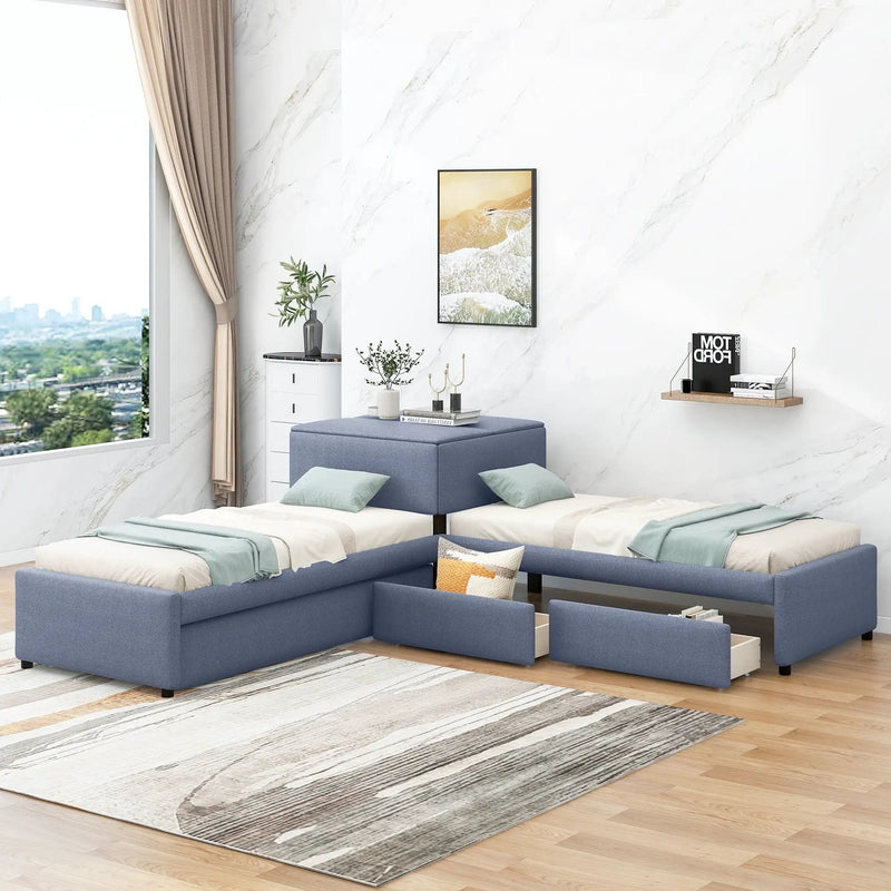 L Shaped Upholstered Platform Bed With Trundle And 2 Drawers Linked With Built In Desk by HouseOfZazla