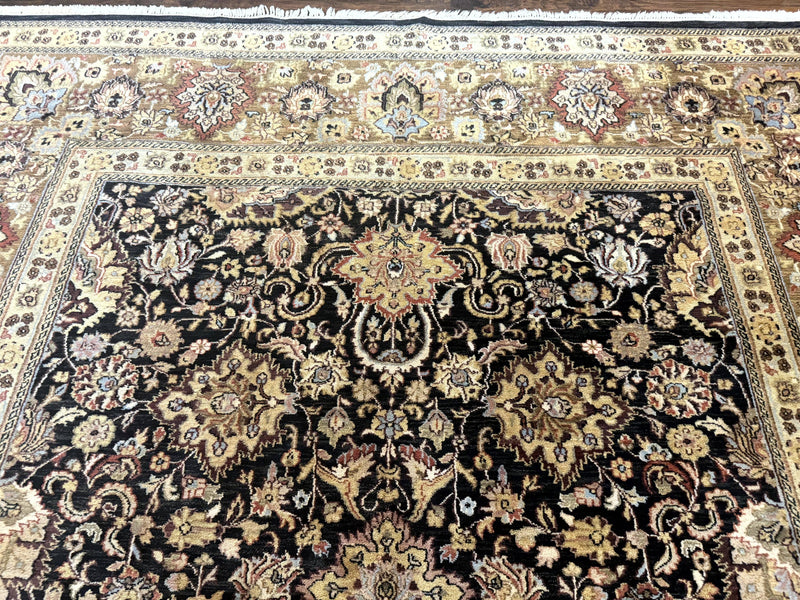 Indo Persian Rug 9x12, Floral Allover, Midnight Blue, Handmade Vintage Wool Oriental Carpet by Jewel Rugs