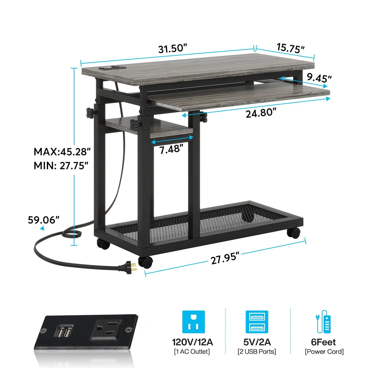 Adjustable Portable C-Shaped Desk With Power Outlet & USB Ports by HouseOfZazla