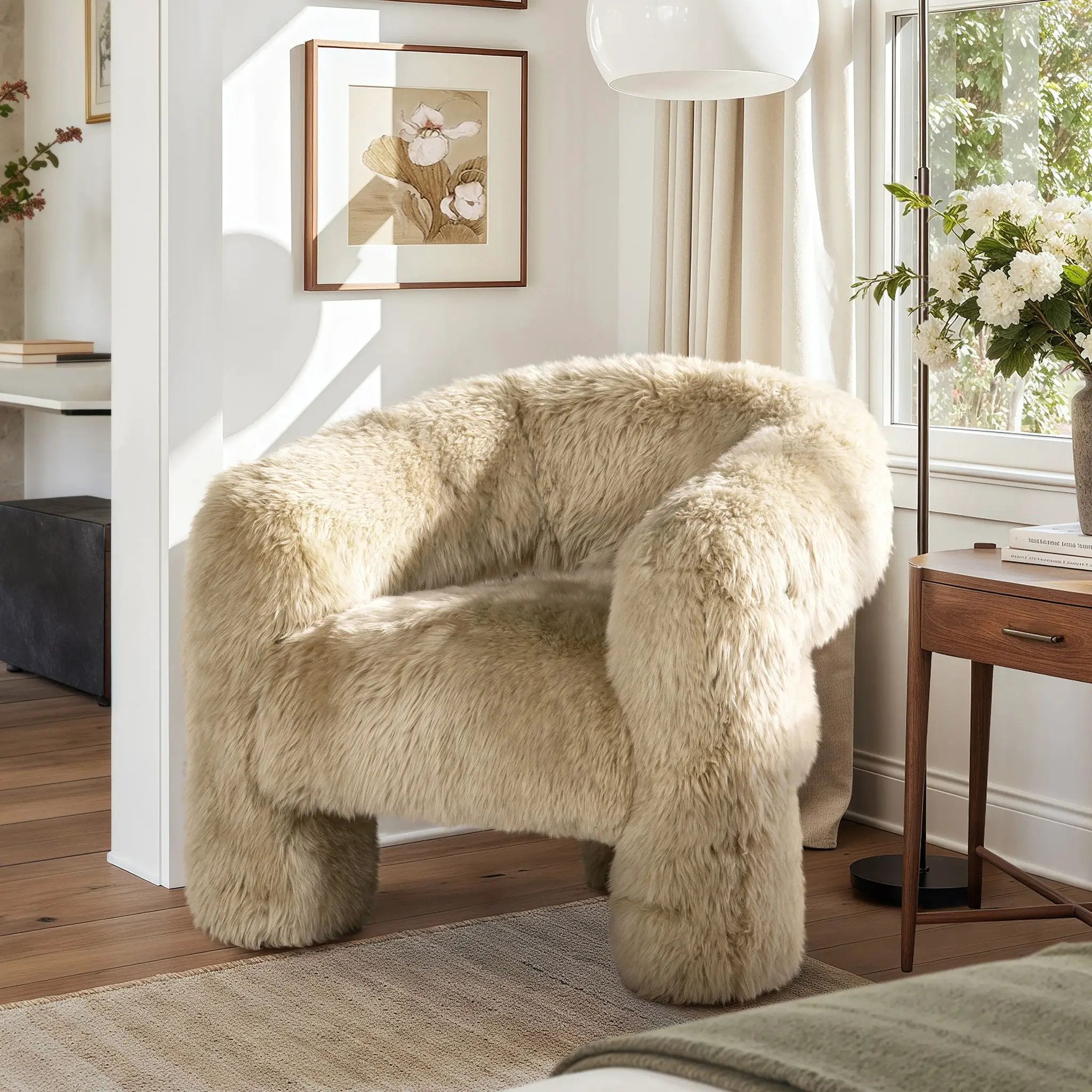 Avalon - Genuine Sheepskin Fur Split Barrel Back Accent Chair - Natural Blonde by HouseOfZazla